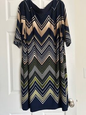 Chevron Midi Dress in Navy, Olive & Cream